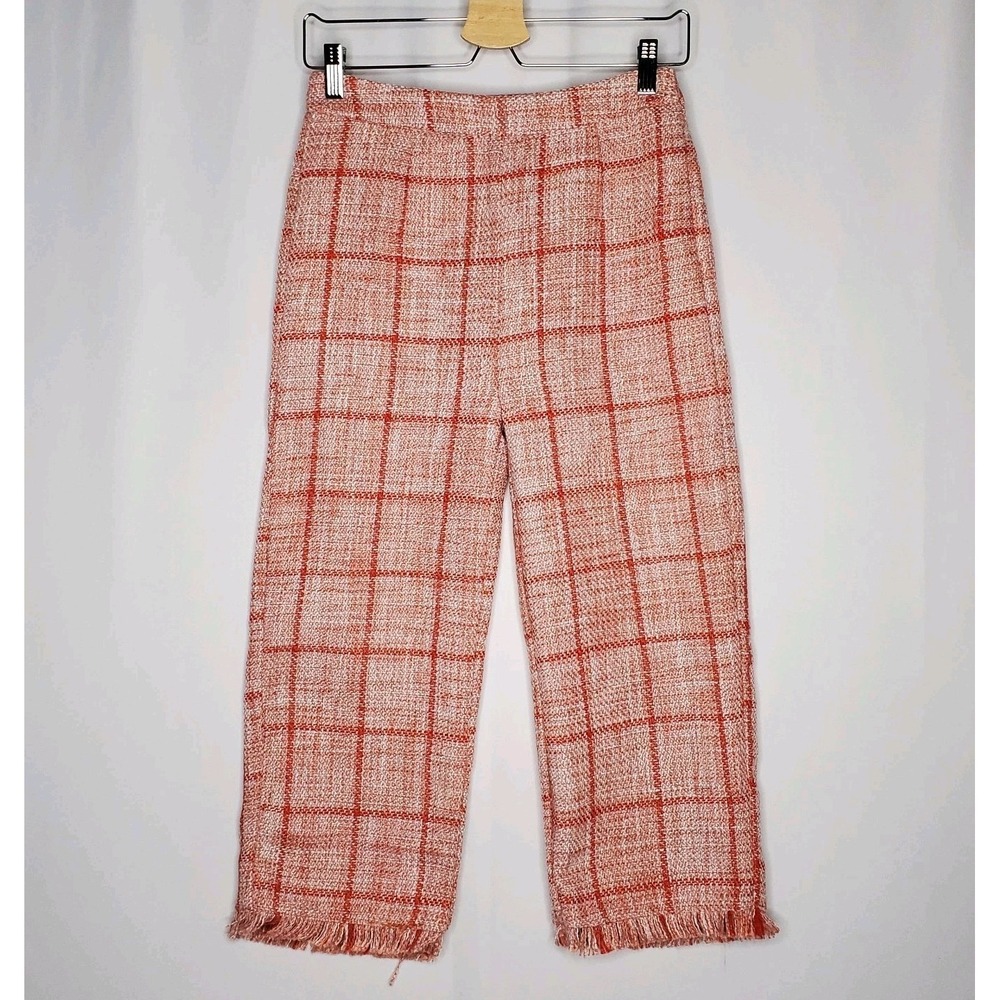 Venus‎ Tweed Plaid Crop Pants Women 2 Pink Fringe Hem Side-Zip Preppy Clueless
